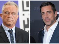 Photos of Robert F. Kennedy Jr. and NFL quarterback Aaron Rodgers.