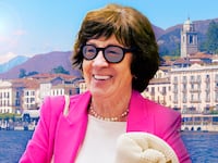 A photo illustration illo of Sen. Susan Collins and Lake Como, Italy.