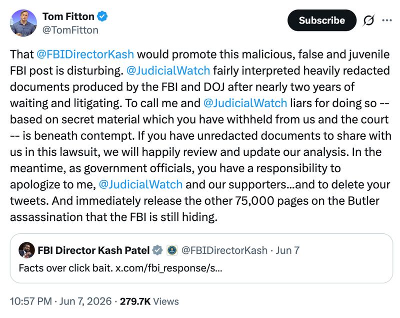 Tom Fitton's X.com post calling Kash Patel "disturbing."