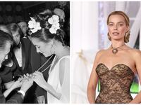 Elizabeth Taylor wearing Taj Mahal necklace in 1972; Margot Robbie wearing the necklace in 2026