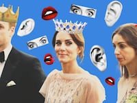 Photo illustration of Prince William, Kate Middleton, and Rose Hanbury with mouths, eyes, and ears around them on a blue background