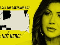 Photo illustration of Governor Kristi Noem and a map of South Dakota where she cannot go