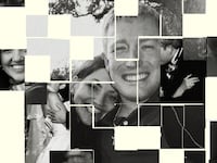 A photo illustration showing multiple collaged and falling apart images of Catherine Herring and her husband Mason Herring.