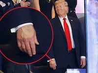 Donald Trump at the Yankees game with an inset to show makeup on his hand.