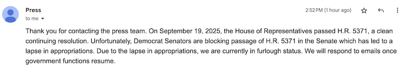 The Department of Education's automatic "Out of Office" reply, as received by The Daily Beast.