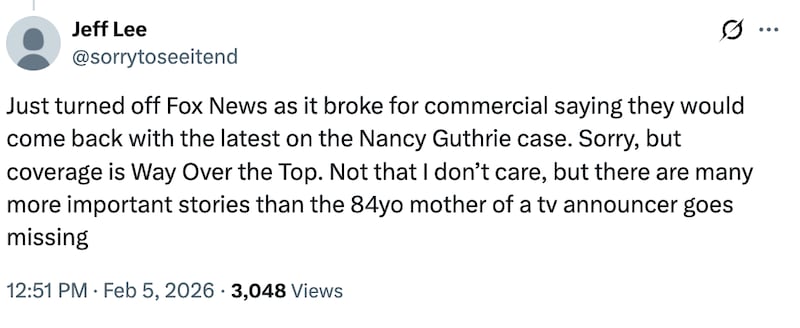 A screenshot of an X post from a dissatisfied Fox News viewer about their coverage today.