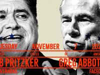 JB Pritzker and Gregg Abbott in a mock-boxing style poster