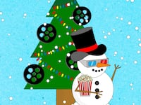 An illustration of a snowman wearing 3D glasses and holding a bucket of popcorn. Behind him is a Christmas tree with film reels decorating it.