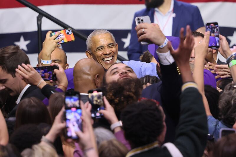 NEWARK, NEW JERSEY - NOVEMBER 01: Former President Barack Obama greets supporters after speaking during a "Get Out the Vote" rally for New Jersey Democratic gubernatorial candidate, U.S. Rep. Mikie Sherrill (D-NJ) at Essex County College Gymnasium on November 01, 2025 in Newark, New Jersey. Former President Obama attended a GOTV rally ahead of Tuesday's general election where Sherill is facing Republican candidate Jack Ciattarelli for governor of New Jersey to fill the vacancy being left by Gov. Phil Murphy. (Photo by Michael M. Santiago/Getty Images)