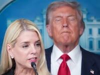 WASHINGTON, DC - AUGUST 11: Attorney General Pam Bondi delivers remarks as U.S. President Donald Trump looks on during a press conference in the James S. Brady Press Briefing Room of the White House August 11, 2025 in Washington, DC. Trump announced he will use his authority to place the DC Metropolitan Police Department under federal control to assist in crime prevention in the nation’s capital, and that the National Guard will be deployed to DC. (Photo by Andrew Harnik/Getty Images)