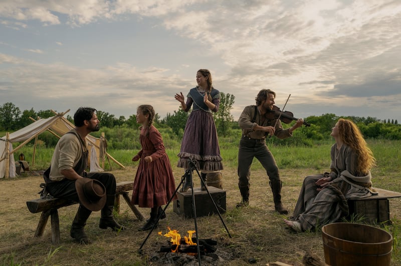 (L-R) Warren Christie as John Edwards, Alice Halsey as Laura Ingalls, Skywalker Hughes as Mary Ingalls, Luke Bracey as Charles Ingalls, and Crosby Fitzgerald as Caroline Ingalls.