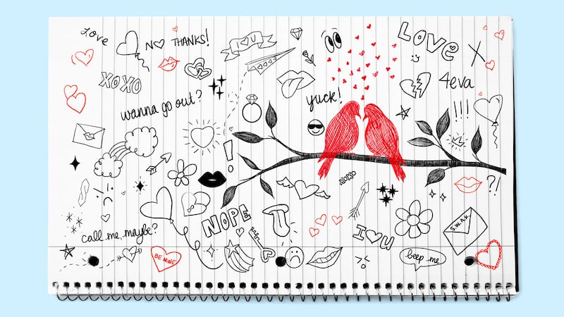 Illustration of a spiral notebook with doodles including hearts and two love birds sitting on a branch with hearts coming up