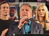 US special envoy Steve Witkoff (C) speaks as US businessman Jared Kushner (L) and his wife Ivanka Trump (R) look on during a gathering at Hostages Square in Tel Aviv on October 11, 2025. Israel has agreed to a truce plan proposed by US President Donald Trump, and on October 10 pulled its troops back from several areas of Gaza, setting in motion a 72-hour timeline for the release of hostages held by Hamas two years after the Palestinian militant group's October 7, 2023, attack that triggered a counteroffensive killing more than 67,000 Palestinians. (Photo by Jack GUEZ / AFP) (Photo by JACK GUEZ/AFP via Getty Images)
