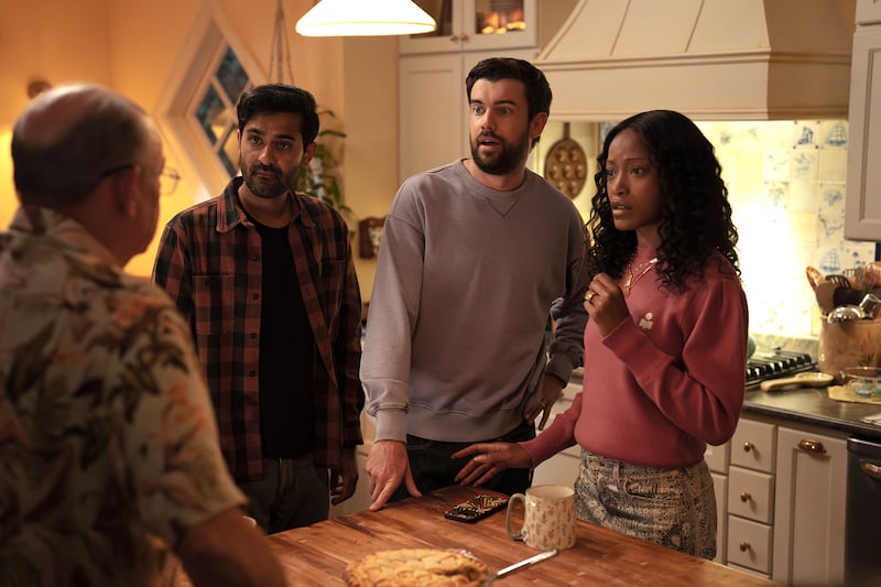 (l-r) Kapil Talwakar as Naveen, Jack Whitehall as Rob, and Keke Palmer as Samira.