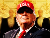 A photo illustration of Donald Trump and the White House Ballroom.