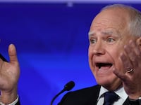 Democratic vice presidential nominee Minnesota Governor Tim Walz gestures as he speaks during a debate with Republican vice presidential nominee U.S. Senator JD Vance (R-OH) hosted by CBS in New York, U.S., October 1, 2024