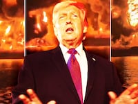 A photo composite of Donald Trump in front of screen grabs from two oil tankers burning in the Persian Gulf.