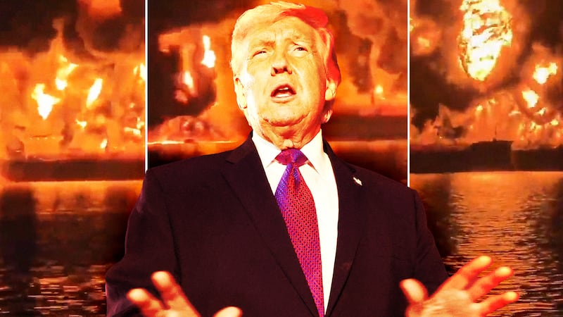 A photo composite of Donald Trump in front of screen grabs from two oil tankers burning in the Persian Gulf.
