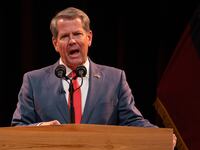 A picture of Republican Gov. Brian Kemp. In a tweet, Kemp took aim at Donald Trump after the former president claimed a “CONCLUSIVE” report would exonerate him from the charges brought against him and his allies for meddling in Georgia’s 2020 election.