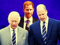 A photo illustration of King Charles, Prince Harry, and Prince William.