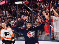 Johnny Gaudreau celebrates after scoring a goal against the Philadelphia Flyers at Nationwide Arena on Nov. 10, 2022.