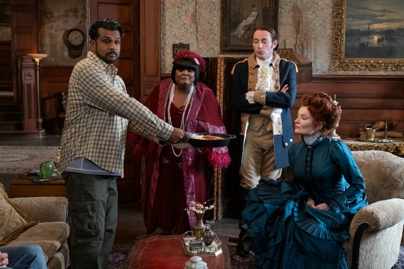"Halloween 6: The Mirror - Part Two" -- Coverage of the CBS Original Series Ghosts, scheduled to air on the CBS Television Network. Pictured (L-R): Utkarsh Ambudkar as Jay, Danielle Pinnock as Alberta, Brandon Scott Jones as Isaac, and Rebecca Wisocky as Hetty. Photo: Jan Thijs/CBS ©2026 CBS Broadcasting, Inc. All Rights Reserved.