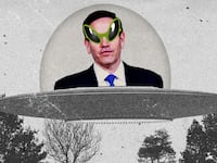 Marco Rubio wearing UFO glasses in a flying saucer