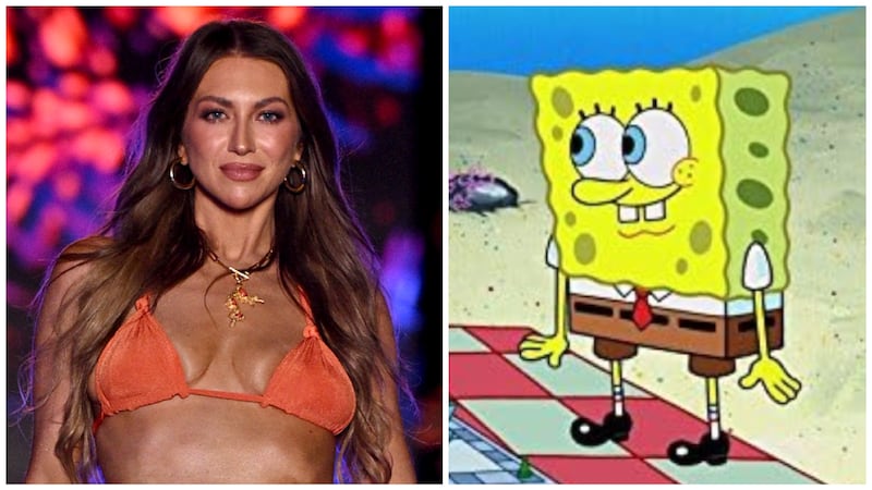 Stassi Schroeder in the Sports Illustrated Swimsuit runway show (left); SpongeBob SquarePants (right)