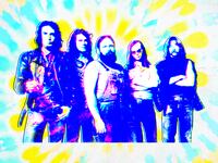 A photo illustration of the band Steely Dan on a tie dye background.