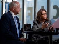 Tim Walz and Vice President Kamala Harris are interviewed by CNN’s Dana Bash at Kim’s Cafe in Savannah, Georgia, on August 29, 2024.