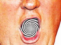 Donald Trump yelling with a hypnotizing spiral in his mouth