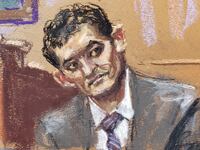 A courtroom sketch of FTX founder Sam Bankman-Fried testifying.