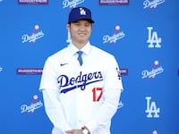 Shohei Ohtani is introduced by the Los Angeles Dodgers at Dodger Stadium on December 14, 2023 in Los Angeles, California.