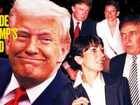 A photo illustration of Donald Trump and Ghislaine Maxwell through the years with Inside Trump's Head logo in yellow.