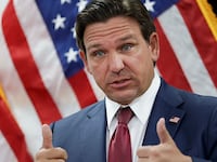 Florida Gov. Ron DeSantis speaks during a press conference on April 10, 2025 in Miami, Florida. DeSantis talked about his desire to relieve Florida condo owners of the high fees they are struggling with after they were put in place following the 2021 collapse of the condominium tower in Surfside, Florida.
