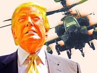 A photo illustration illo of Donald Trump and an Apache AH-64 helicopter.