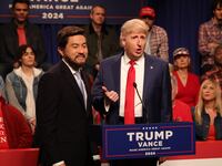 SATURDAY NIGHT LIVE -- Episode 1865 -- Pictured: (l-r) Bowen Yang as JD Vance and James Austin Johnson as Donald Trump during the "Campaign" Cold Open on Saturday, September 28, 2024 -- (Photo by: Will Heath/NBC via Getty Images)