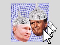 Donald Trump and Vladimir Putin in foil conspiracy hats.
