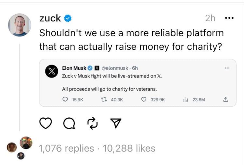 A post from Mark Zuckerberg on Threads surrounding Elon Musk