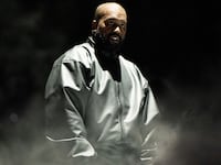 Rapper Kanye West performs onstage during the "Vultures 1" playback concert during Rolling Loud 2024.