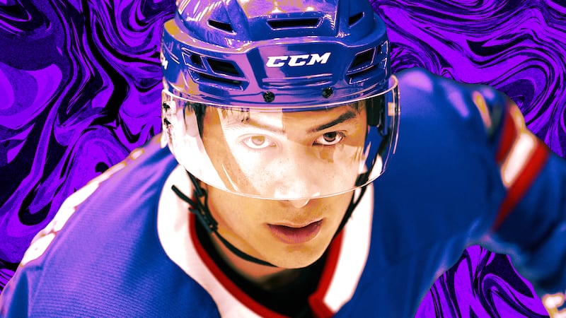 A photo illustration of Hudson Williams as Shane Hollander in Heated Rivalry.