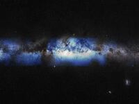 An artist's composite image of a photo of the Milky Way captured with visual light along with the first-ever neutrino-based image of the Milky Way.