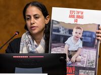 Ofri Bibas Levy, Sister of Yarden Bibas held hostage with his wife and two children Kfir and Ariel in the Gaza Strip by Palestinian militant group Hamas, speaks during a press conference.