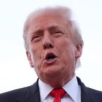 U.S. President Donald Trump gives brief remarks to members of the press