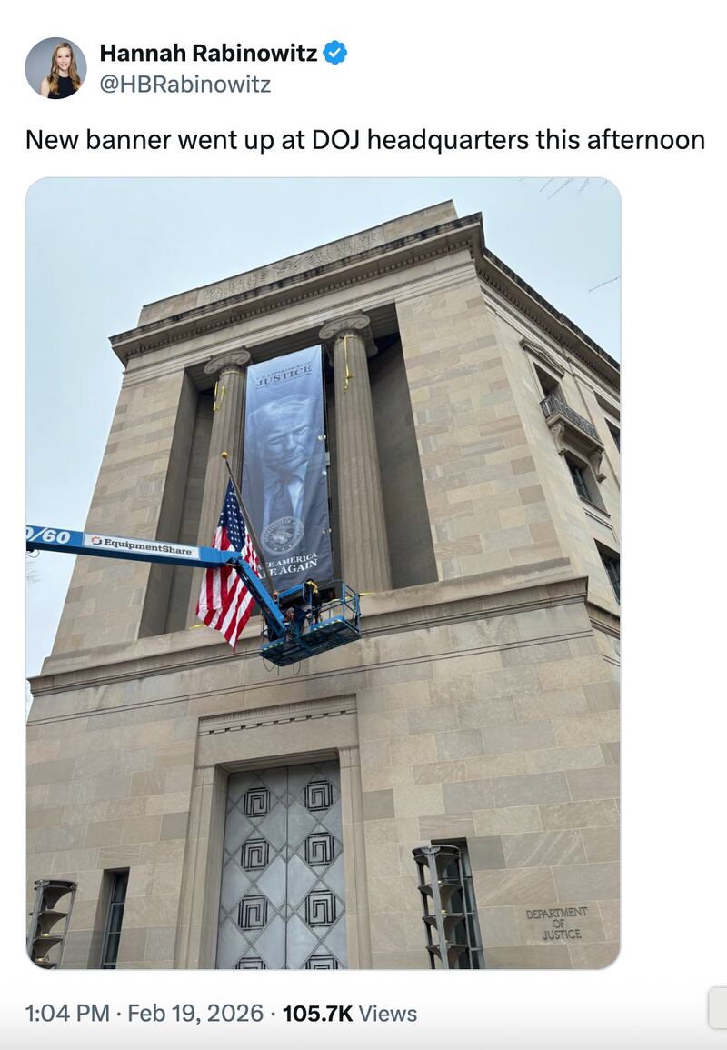 A giant banner with Trump's image was spotted at the Justice Department headquarters in Washington, DC.