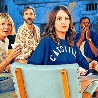A photo illo illustration of Kerri Kenney-Silver as Anne, Marco Calvani as Claude, Tina Fey as Kate, Colman Domingo as Danny, and Will Forte as Jack in Episode 202 of The Four Seasons, Season 2.