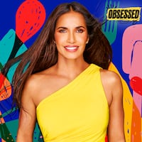 A photo illo illustration of Padma Lakshmi on America's Culinary Cup for the Obsessed podcast.