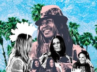 A collage of members of The Real Housewives of Salt Lake City overlaying a background of Palm Springs