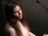 Amanda Knox delivers a speech during a panel session titled “Trial by Media” on June 15, 2019, in Modena, Italy.