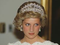 Diana, Princess of Wales, attends a dinner at the British Embassy in Washington, DC, November 1985.